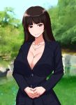  1girl bangs blazer blue_sky blurry blurry_background breasts brown_eyes brown_hair cleavage closed_mouth commentary_request formal girls_und_panzer hands_together highres jacket jewelry large_breasts long_hair looking_at_viewer mature necklace nishizumi_shiho outdoors pant_suit rasson sky smile standing straight_hair suit tree 