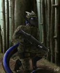  anthro army army_helmet army_pants army_uniform belt belt_buckle belt_pouch black_body black_scales blue_eyes blue_hair camo_pants camouflage_pants clothing crouching digital_drawing_(artwork) digital_media_(artwork) dirt dragon forest forest_background gloves grass gun hair handwear hi_res holding_gun holding_object holding_weapon horn knee_pads kneeling male military_gear nature nature_background patrol ranged_weapon ranger rhaegar_vas_normandy rifle roryworks scales scalie solo tail_tuft tree tuft united_states_of_america weapon western_dragon 