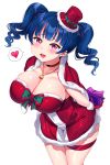  1girl bangs blue_hair breasts gift hair_ornament hat heart highres jewelry long_hair looking_at_viewer love_live! love_live!_sunshine!! necklace open_mouth purple_eyes santa_costume santa_hat smile solo tem10 thighhighs tsushima_yoshiko 