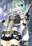  aqua_hair asada_shino belt black_gloves breasts cleavage clothing_cutout covered_navel gloves green_eyes gun handgun holding holding_gun holding_weapon leotard pistol scarf short_hair short_shorts shorts sinon sword_art_online user_xfxu3524 weapon 