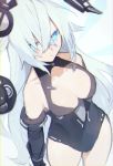  1girl black_gloves black_heart black_leotard blue_eyes breasts buran_buta cleavage elbow_gloves gloves hair_between_eyes highres large_breasts leotard long_hair looking_at_viewer neptune_(series) silver_hair solo very_long_hair 