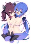  2girls ahoge bangs black_bow blue_eyes blue_hair blush bow breasts brown_eyes brown_hair closed_mouth collarbone commentary_request eyebrows_visible_through_hair fang glasses gradient_hair hair_between_eyes hair_bow hair_ornament hairclip headgear highres long_hair milkpanda multicolored_hair multiple_girls nipples nude one_eye_closed otomachi_una outline parted_lips pink_outline purple_hair red-framed_eyewear semi-rimless_eyewear small_breasts talkex touhoku_kiritan twintails under-rim_eyewear very_long_hair voiceroid white_background 