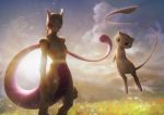  blurry blurry_background cloud cloudy_sky depth_of_field field gen_1_pokemon highres legendary_pokemon looking_at_viewer mew mewtwo mythical_pokemon no_humans outdoors pokemon pokemon_(creature) realistic sky teru_sakura 