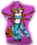  3_legs 8_arms anthro bangle belly_dancer canid canine conjoined duo felid female fox hi_res huffzie hybrid jewelry mammal may_abbagail midriff multi_arm multi_head multi_leg multi_limb multifur pantherine solo tiger 