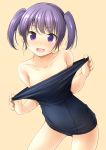  1girl :d adjusting_clothes adjusting_swimsuit bare_shoulders blush breasts commentary_request dressing hair_tie highres looking_at_viewer old_school_swimsuit open_mouth original purple_eyes purple_hair school_swimsuit shibacha short_twintails sidelocks simple_background small_breasts smile solo standing swimsuit thighs twintails 