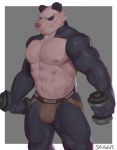  2020 abs anthro barazoku beastars black_body black_fur black_sclera border bulge clenched_teeth clothing dumbbell exercise fur giant_panda gouhin grey_background hi_res jockstrap male mammal multicolored_body multicolored_fur muscular muscular_anthro muscular_male narrowed_eyes navel nipples pecs quads scar shugggie simple_background solo standing teeth two_tone_body two_tone_fur underwear ursid weightlifting weights white_body white_border white_fur workout 