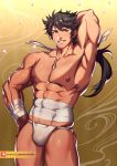  1boy abs arm_up armpits bara bare_chest brown_eyes brown_hair bulge chest covered_navel cropped_legs fundoshi highres japanese_clothes loincloth long_hair lvlv male_focus muscle mutsu-no-kami_yoshiyuki nipples patreon_username ponytail shirt sleeveless sleeveless_shirt solo thick_thighs thighs touken_ranbu yellow_eyes 