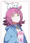  1girl ahoge animal animal_on_head bangs blue_hoodie blunt_bangs cat cat_on_head closed_mouth collared_shirt drawing hood hoodie long_sleeves looking_up love_live! love_live!_nijigasaki_high_school_idol_club neck_ribbon nijigasaki_academy_uniform on_head pink_hair repunit ribbon shirt short_hair sketchbook sleeves_past_fingers sleeves_past_wrists tennouji_rina white_shirt yellow_eyes yellow_neckwear 