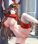  1girl :d against_wall amber_(genshin_impact) arms_up blush breasts brown_eyes brown_hair buckle censored chihunhentai day flying_sweatdrops genshin_impact goggles goggles_on_head hair_ribbon highres large_breasts leg_up long_hair long_sleeves looking_at_viewer mosaic_censoring navel nipples nude open_mouth outdoors pussy red_ribbon ribbon shrug_(clothing) smile standing standing_on_one_leg stomach sunlight thighhighs toned very_long_hair white_legwear 