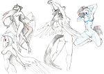  anthro arms_above_head breasts butt equid equine feathered_wings feathers female kneeling mammal monochrome multiple_poses navel nipples nude pegasus pinup pose rear_view red_eyes simple_background sketch_page solo spot_color standing sunny_way sunnyway wings 