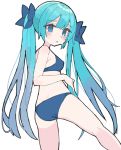  1girl @_@ aqua_hair ass bikini blue_bikini blue_bow blue_eyes bow commentary cowboy_shot crying crying_with_eyes_open english_commentary from_behind hair_bow happy_cream hatsune_miku long_hair looking_at_viewer looking_back solo standing swimsuit tears twintails very_long_hair vocaloid white_background 