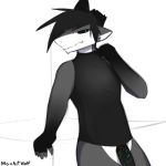  1:1 anthro black_hair bottomless clothed clothing dragon erection genitals grey_body hair male maxartwolf penis scalie signature solo 