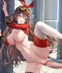  1girl :d against_wall amber_(genshin_impact) arms_up blush breasts brown_eyes brown_hair buckle censored chihunhentai day flying_sweatdrops genshin_impact goggles goggles_on_head hair_ribbon hetero highres imminent_sex imminent_vaginal large_breasts leg_up long_hair long_sleeves looking_at_viewer mosaic_censoring navel nipples nude open_mouth outdoors penis pussy red_ribbon ribbon shrug_(clothing) smile standing standing_on_one_leg stomach sunlight thighhighs toned very_long_hair white_legwear 