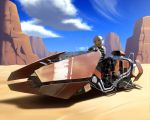  1girl cliff cloud commentary day desert guitar_case holographic_interface hover_bike instrument_case maku_ro original outdoors red_eyes science_fiction short_hair silver_hair sitting sky solo 