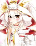  1girl ayanami_(azur_lane) ayanami_(demon&#039;s_dress)_(azur_lane) azur_lane blurry blush bridal_veil choker commentary_request depth_of_field dress finger_to_mouth fingers_together highres houshi japanese_clothes jewelry kimono long_hair looking_at_viewer midriff off-shoulder_dress off_shoulder orange_eyes petals ponytail retrofit_(azur_lane) ring silver_hair smile solo sparkle uchikake veil wedding_dress wedding_ring 