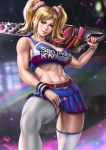  1girl abs belt blonde_hair blue_eyes candy chainsaw cheerleader commentary dandon_fuga food highres juliet_starling lollipop lollipop_chainsaw long_hair looking_at_viewer midriff navel parted_lips skirt smile solo thighhighs thighs toned twintails white_legwear 