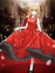  1girl bangs blonde_hair blush braid braided_ponytail claire_eikaiwa claire_sensei dress formal full_body high_heels highres long_dress long_hair looking_at_viewer red_dress short_braid side_braid skirt_hold smile solo tim86231 virtual_youtuber 