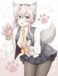  1girl animal_ears asymmetrical_hair black_legwear blue_eyes blush buttons collared_shirt commentary cowboy_shot eyebrows_visible_through_hair fang grey_skirt grey_vest hair_between_eyes kantai_collection long_hair long_sleeves necktie nowaki_(kantai_collection) open_mouth pantyhose paw_print paws pleated_skirt rui_shi_(rayze_ray) shirt silver_hair skirt solo star_(symbol) tail vest white_shirt wolf_ears wolf_paws wolf_tail yellow_neckwear 