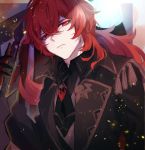  1boy black_gloves black_jacket black_neckwear closed_mouth diluc_(genshin_impact) embers genshin_impact gloves glowing glowing_eyes gumilkx hair_between_eyes highres holding holding_weapon jacket long_hair long_sleeves looking_at_viewer male_focus necktie ponytail red_eyes red_hair shirt sidelocks solo sword upper_body weapon 