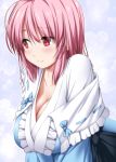  1girl blush bra breasts cleavage closed_mouth eyebrows_visible_through_hair frilled_kimono frills heart japanese_clothes kimono large_breasts looking_away looking_to_the_side nori_tamago pink_bra pink_hair red_eyes saigyouji_yuyuko short_hair solo sweat touhou underwear 
