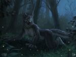  2020 5_fingers anthro aurru black_body black_fur black_lips black_nose breasts canid canine canis detailed_background digital_media_(artwork) featureless_breasts female fingers forest fur grass hi_res lips looking_at_viewer mammal night outside solo tree wolf yellow_eyes 