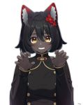  1girl absurdres animal_ears bangs black_hair black_jacket brown_eyes cat_ears claw_pose commentary_request copyright_request dark_skin flower grin hair_between_eyes hair_flower hair_ornament hands_up highres jacket long_sleeves looking_at_viewer red_flower sakura_chiyo_(konachi000) short_hair signature simple_background sleeves_past_wrists smile solo upper_body virtual_youtuber white_background yellow_eyes 
