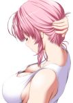  1girl breasts cleavage closed_eyes facing_away from_behind hand_on_own_head highres large_breasts no_bra nori_tamago pink_hair saigyouji_yuyuko shirt short_hair sideboob simple_background solo touhou upper_body white_background white_shirt 