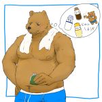  1:1 2015 anthro belly brown_body brown_fur bulge clothing fur japanese_text kemono male mammal moobs nico26b nipples overweight overweight_male solo text towel underwear ursid 