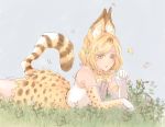  1girl akagi_mako animal_ears ballroom_e_youkoso blonde_hair bow bowtie brown_eyes bug butterfly cosplay elbow_gloves flower gloves hair_ornament high-waist_skirt highres insect kemono_friends print_bow print_gloves print_neckwear print_skirt serval_(kemono_friends) serval_(kemono_friends)_(cosplay) serval_ears serval_print serval_tail skirt striped_tail tail udon_oisi 