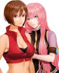  2girls bangs black_tubetop blue_eyes breasts brown_eyes brown_hair cleavage collarbone commentary crop_top hair_between_eyes high_collar long_hair looking_at_viewer megurine_luka meiko meiko_(vocaloid3) meriko midriff multiple_girls parted_lips pink_hair red_shirt shirt sleeveless smile strapless tubetop upper_body vocaloid zipper 