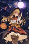  1girl belt bow cagliostro_(granblue_fantasy) dress fang frilled_dress frilled_skirt frills granblue_fantasy halloween highres holding_jack-o&#039;-lantern hood moon newnand one_eye_closed open_mouth orange_bow salute skirt trick_or_treat two-finger_salute 