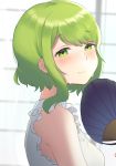  1girl bangs blurry blurry_background blush breasts closed_mouth depth_of_field eyebrows_visible_through_hair fan frilled_shirt frills green_eyes green_hair highres looking_at_viewer looking_to_the_side morinaka_kazaki nekomitei nijisanji paper_fan shirt sleeveless sleeveless_shirt small_breasts solo sweat uchiwa virtual_youtuber white_shirt 