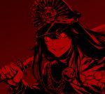  1girl fate/grand_order fate_(series) gloves hair_between_eyes hat highres katana long_hair looking_at_viewer mugetsu2501 oda_nobunaga_(fate) oda_nobunaga_(fate)_(all) over_shoulder red_background red_eyes smile solo sword upper_body weapon weapon_over_shoulder 