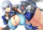  1girl blue_eyes blue_gloves breasts cleavage covered_nipples eyebrows_visible_through_hair gloves haganef huge_breasts mecha open_mouth seolla_schweizer silver_hair super_robot_wars tagme v-shaped_eyebrows 