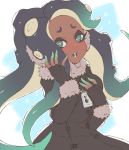  1girl aqua_hair aqua_skin black_collar black_gloves black_hair cephalopod_eyes coat collar commentary dark_skin finger_to_face fur-trimmed_coat fur_trim gloves gradient_hair green_eyes hand_in_hair hand_on_own_chest highres iida_(splatoon) light_frown long_hair long_sleeves looking_at_viewer makeup mascara mole mole_under_mouth multicolored multicolored_hair multicolored_skin octarian open_mouth pink_pupils prat_rat solo sparkle splatoon_(series) standing suction_cups tentacle_hair zipper_pull_tab 