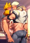  2boys abs anal arms_around_neck ass bara blonde_hair blush closed_eyes cum gyee highres lvlv male_focus multiple_boys muscle original overflow radian_(gyee) sex shirt_lift short_hair sideburns size_difference skin_tight spiked_hair spread_legs thick_thighs thighs trembling_penis yaoi 