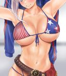  1girl american_flag_bikini armpits arms_up asymmetrical_hair bangs belt beltskirt bikini blue_eyes breasts fate/grand_order fate_(series) flag_print gachou half-skirt head_out_of_frame large_breasts leather_belt miyamoto_musashi_(fate/grand_order) miyamoto_musashi_(swimsuit_berserker)_(fate) multi-strapped_bikini_bottom navel pink_hair print_swimsuit shrug_(clothing) sweat swept_bangs swimsuit two-tone_swimsuit 