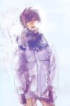  1boy gundam gundam_seed jtr kira_yamato monochrome scarf short_hair solo winter_clothes 