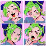  1girl black_hair blush braid braided_bun double_bun eyebrows_visible_through_hair eyes_visible_through_hair green_eyes green_hair green_lipstick green_nails highres jojo_no_kimyou_na_bouken kuujou_jolyne lipstick makeup multicolored_hair multiple_views open_mouth ponytail purple_background risuko.exe smile stone_ocean tongue tongue_out two-tone_hair 