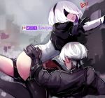  1boy 1girl black_blindfold black_legwear blindfold clothed_sex commentary covered_eyes cowgirl_position english_commentary feather-trimmed_sleeves girl_on_top hetero highres leotard leotard_aside nereidere nier_(series) nier_automata penis pussy_juice sex short_hair signature straddling thighhighs thighs torso_grab uncensored vaginal vambraces watermark white_hair white_leotard yorha_no._2_type_b yorha_no._9_type_s 