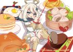  1girl absurdres angry bdsm blue_eyes blush bondage bound cape dress egg_yolk food food_request genshin_impact goyain halo highres looking_at_viewer paimon_(genshin_impact) pancake restrained scarf short_hair tied_up turkey_(food) white_dress white_hair 