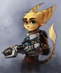  2014 anthro bloomth cheek_tuft clothing ear_markings eyebrows facial_markings facial_tuft fingers fur gloves green_eyes grey_background handwear head_markings head_tuft lombax looking_at_viewer male mammal markings ratchet ratchet_and_clank simple_background solo sony_corporation sony_interactive_entertainment tail_markings tuft video_games weapon yellow_body yellow_fur 