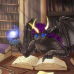  1:1 anthro bat_wings book bookshelf fangs focused frown furniture gel_pony goo_creature hair hi_res horn humanoid_pointy_ears library magic male membrane_(anatomy) membranous_wings pencil_(disambiguation) pink_hair plantigrade pony-straponi ponytail reading reading_book ryonez_coruscare scowl semi-transparent_skin solo sun_beams table wings ych_result 