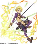  1boy blonde_hair blue_eyes brown_footwear brown_gloves dagger dated dungeon_ni_deai_wo_motomeru_no_wa_machigatteiru_darou_ka electricity finn_deimne gloves holding holding_spear holding_weapon long_sleeves male_focus official_art polearm purple_legwear sheath sheathed simple_background smile solo spear sword_oratoria teria_saga weapon white_background windy4th 