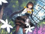  1girl dress frilled_dress frilled_skirt frills greenhouse hair_between_eyes hair_ornament hair_ribbon hairclip hand_on_own_face highres long_hair open_mouth original pantyhose ribbon skirt smile twintails vierzeck watering_can yellow_eyes yellow_ribbon 