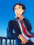  1boy adachi_tooru against_railing belt black_hair black_jacket black_pants black_suit blue_sky can collared_shirt commentary_request day dress_shirt formal holding holding_can jacket looking_up loose_necktie male_focus necktie pants parted_lips persona persona_4 railing red_neckwear sayshownen shirt short_hair sky soda_can solo standing suit upper_body white_shirt 