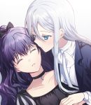  1_para_9 2girls asahina_mafuyu bangs black_bow black_shirt blazer blue_eyes blush bow closed_eyes commentary eyelashes hair_bow hands_clasped jacket jewelry long_hair multiple_girls necklace necktie own_hands_together parted_lips ponytail project_sekai puff_and_slash_sleeves puffy_sleeves purple_hair shirt sidelocks silver_hair very_long_hair wavy_hair white_eyelashes white_neckwear white_shirt yoisaki_kanade yuri 