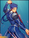  1boy armor ass bara blue_bodysuit blue_hair bodysuit cropped_legs cu_chulainn_(fate)_(all) earrings fate/grand_order fate/stay_night fate_(series) fighting_stance from_behind gae_bolg highres holding holding_weapon jewelry lancer long_hair lvlv male_focus muscle patreon_username polearm ponytail red_eyes shoulder_armor sideburns solo spaulders spear thick_thighs thighs weapon 