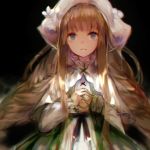  1girl black_background blue_eyes blurry braid capelet dress forever_7th_capital frown green_dress hanchan highres light_brown_hair long_sleeves looking_at_viewer sidelocks simple_background solo twin_braids upper_body white_capelet white_headwear 