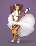  alex_marx anthro brown_hair chest_tuft clothed clothing dress felid female hair hi_res machairodontine mammal open_mouth pantherine reaper3d smile smilodon solo striped_body stripes tiger tuft 